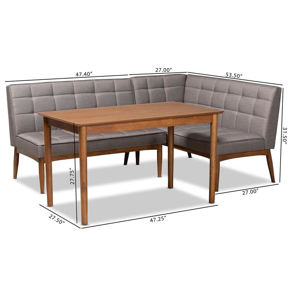 Grey Fabric Upholstered and Walnut Brown Finished Wood 3-Piece Dining Nook Set