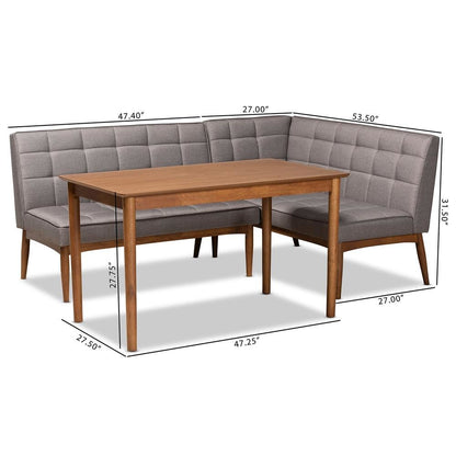 Grey Fabric Upholstered and Walnut Brown Finished Wood 3-Piece Dining Nook Set