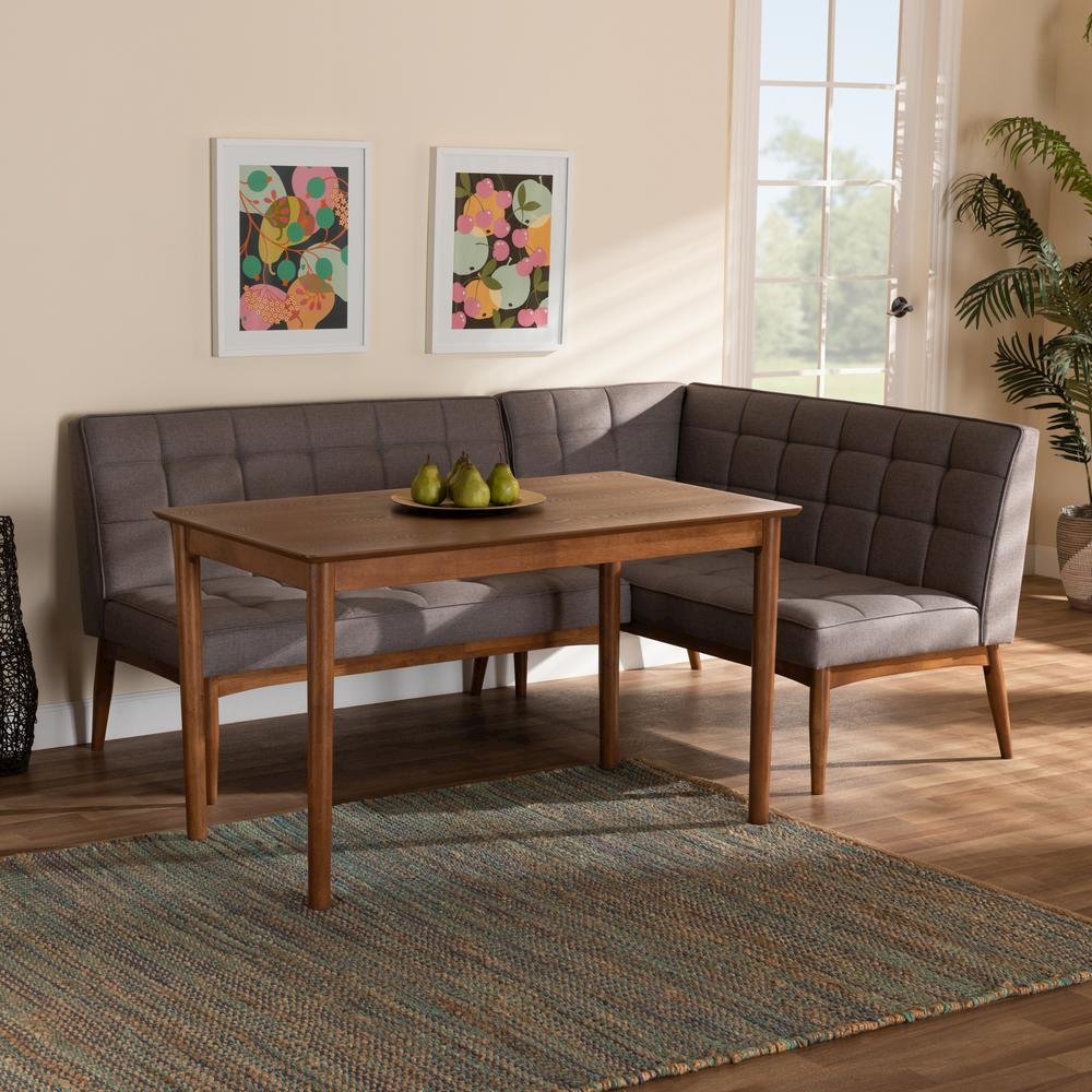 Grey Fabric Upholstered and Walnut Brown Finished Wood 3-Piece Dining Nook Set