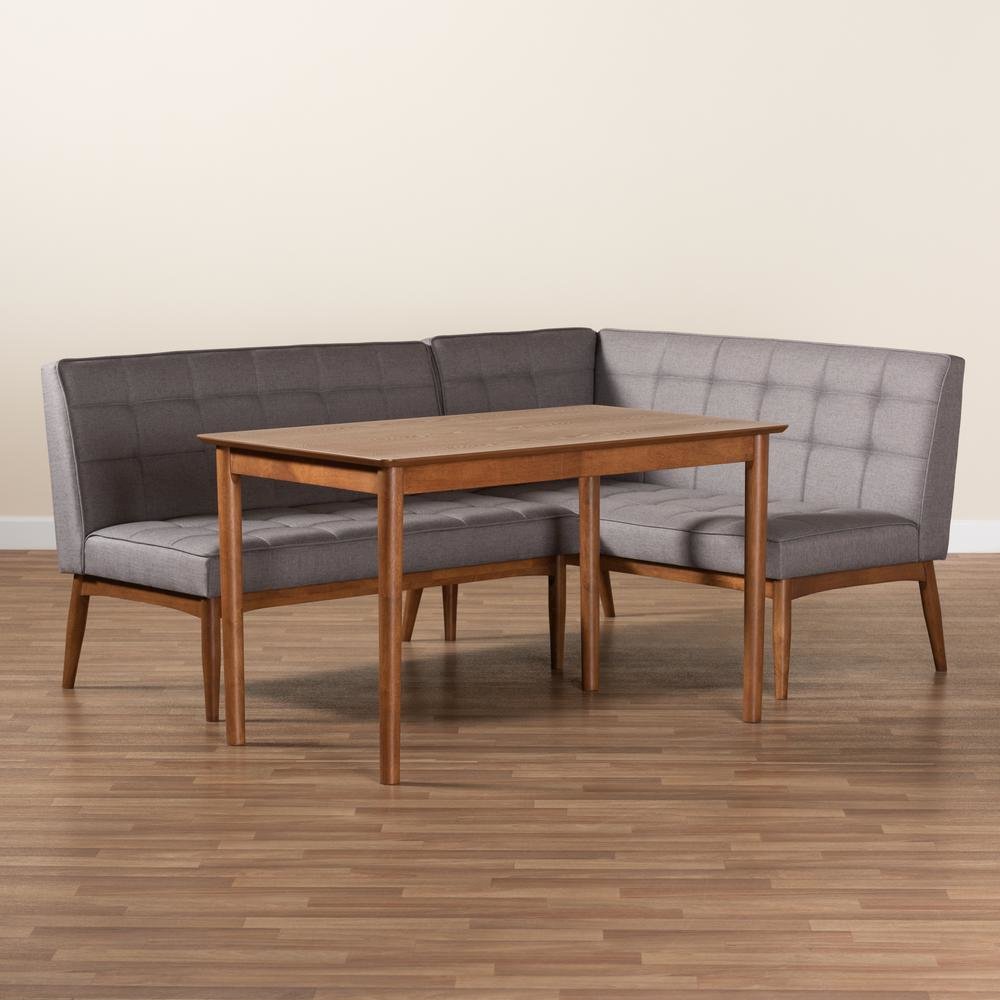 Grey Fabric Upholstered and Walnut Brown Finished Wood 3-Piece Dining Nook Set