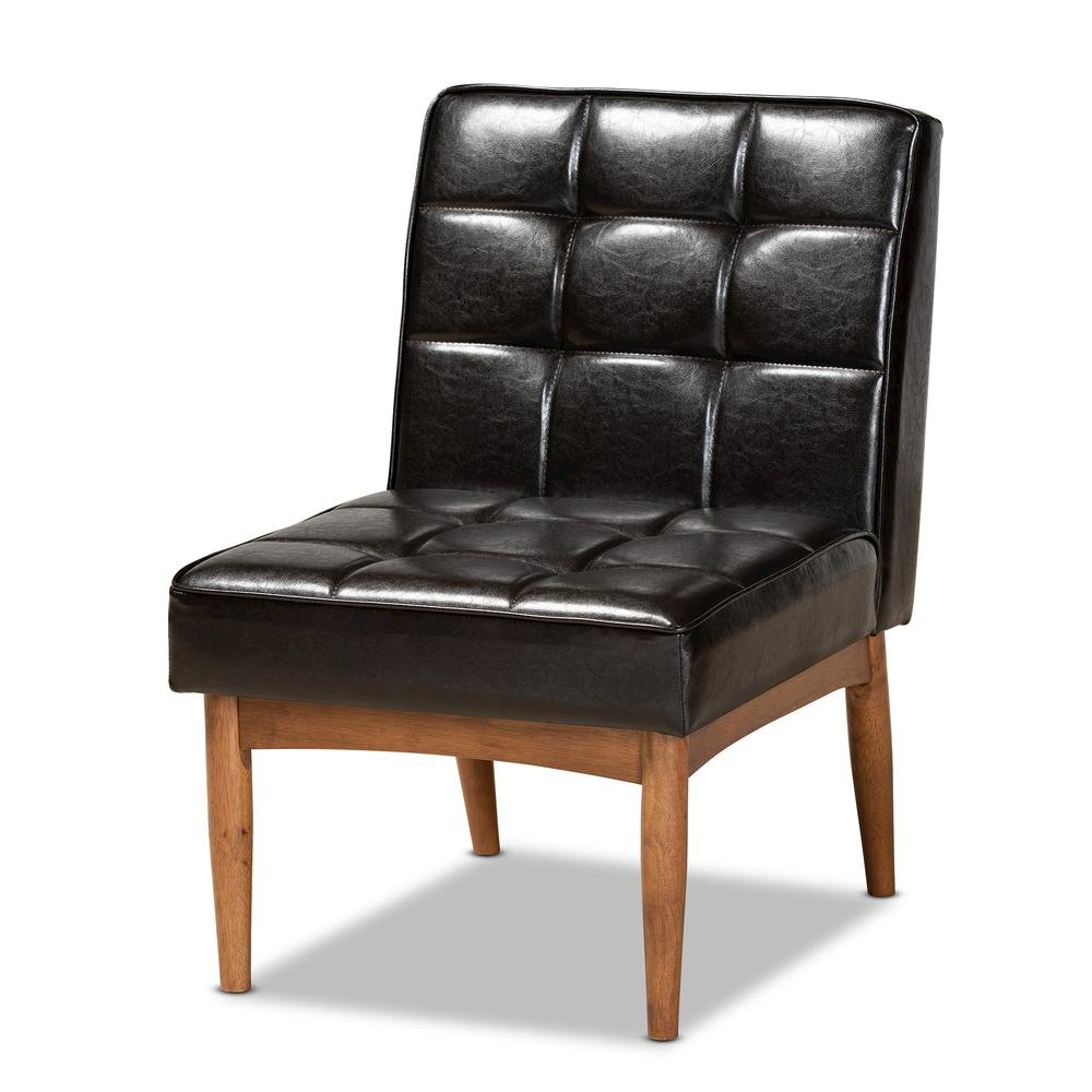 Leather Upholstered and Walnut Brown Finished Wood Dining Chair