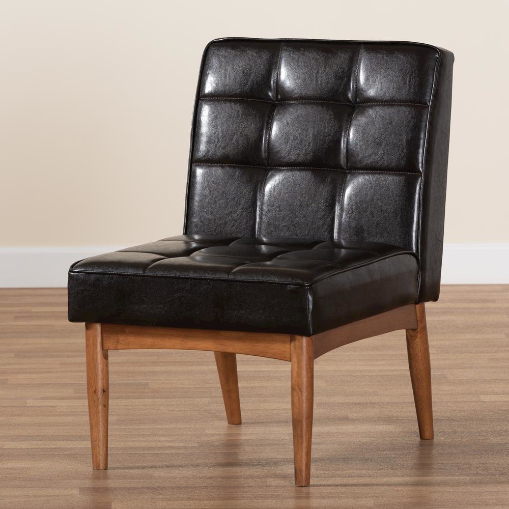 Leather Upholstered and Walnut Brown Finished Wood Dining Chair