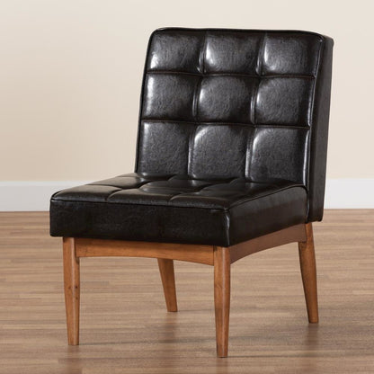Leather Upholstered and Walnut Brown Finished Wood Dining Chair