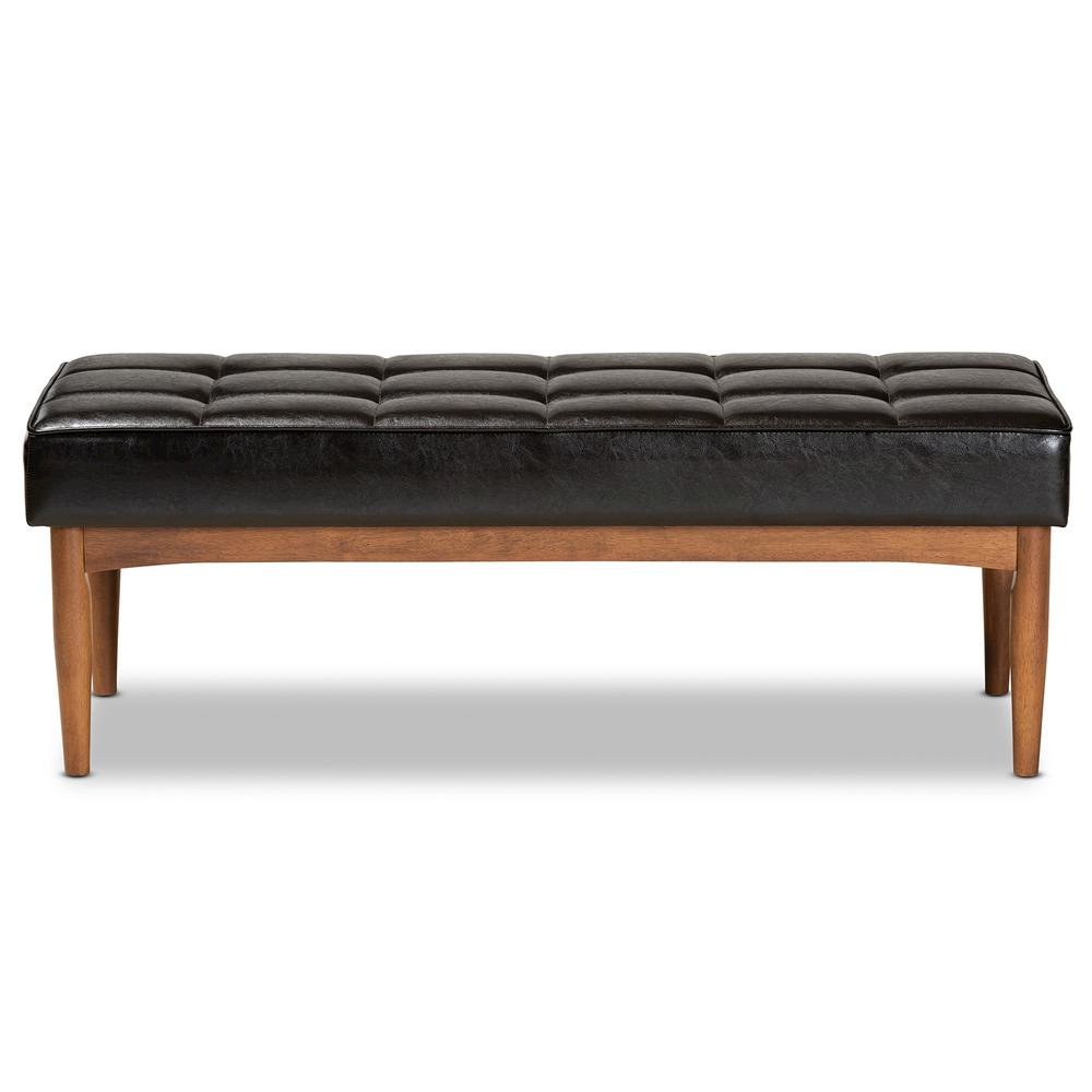 Leather Upholstered and Walnut Brown Finished Wood Dining Bench