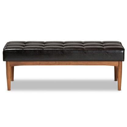 Leather Upholstered and Walnut Brown Finished Wood Dining Bench
