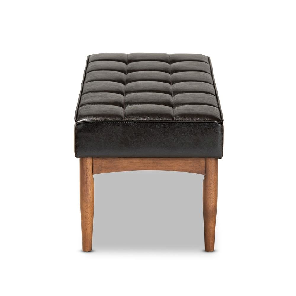 Leather Upholstered and Walnut Brown Finished Wood Dining Bench