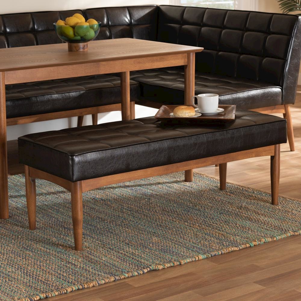 Leather Upholstered and Walnut Brown Finished Wood Dining Bench