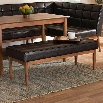 Leather Upholstered and Walnut Brown Finished Wood Dining Bench
