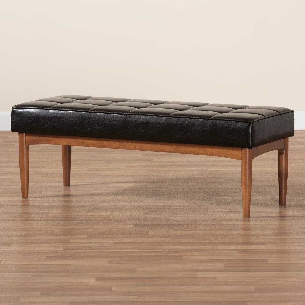 Leather Upholstered and Walnut Brown Finished Wood Dining Bench