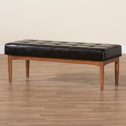 Leather Upholstered and Walnut Brown Finished Wood Dining Bench