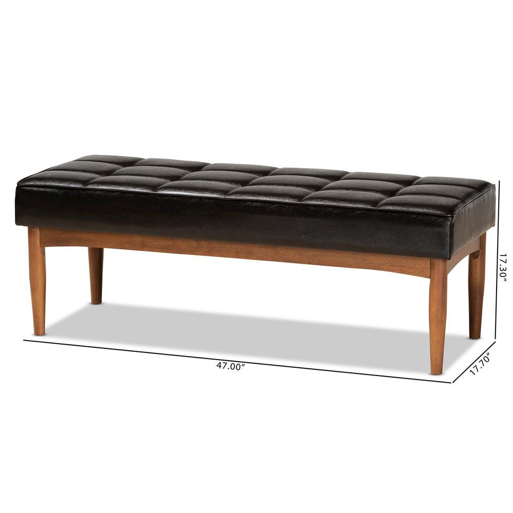 Leather Upholstered and Walnut Brown Finished Wood Dining Bench