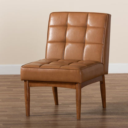 Leather Upholstered and Walnut Brown Finished Wood Dining Chair