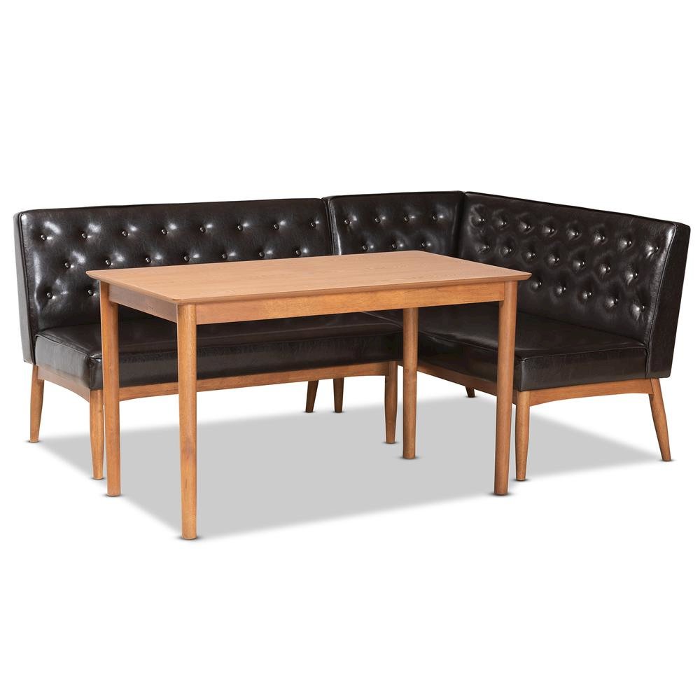 Leather Upholstered and Walnut Brown Finished Wood 3-Piece Dining Nook Set