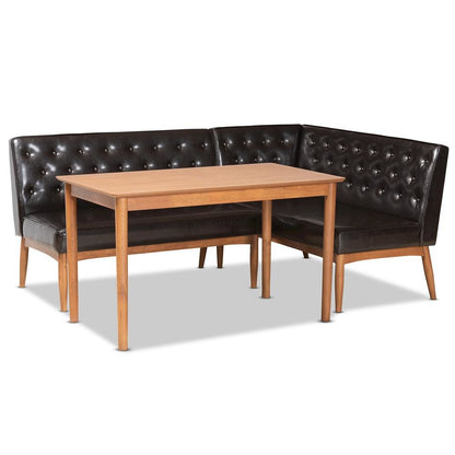 Leather Upholstered and Walnut Brown Finished Wood 3-Piece Dining Nook Set