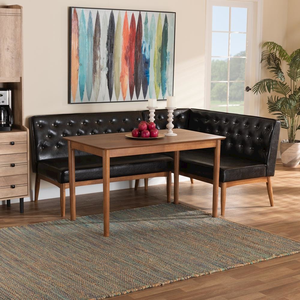 Leather Upholstered and Walnut Brown Finished Wood 3-Piece Dining Nook Set