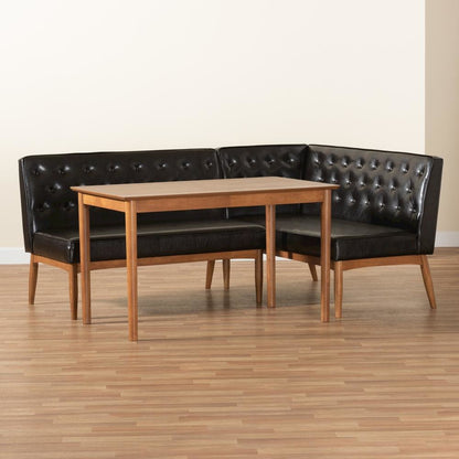 Leather Upholstered and Walnut Brown Finished Wood 3-Piece Dining Nook Set