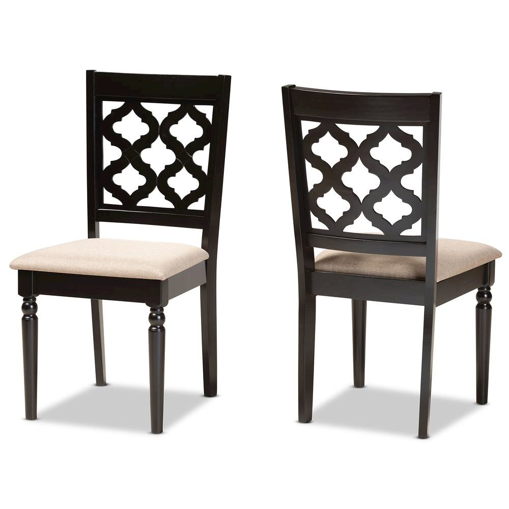 Sand Fabric Upholstered and Dark Brown Finished Wood 2-Piece Dining Chair Set