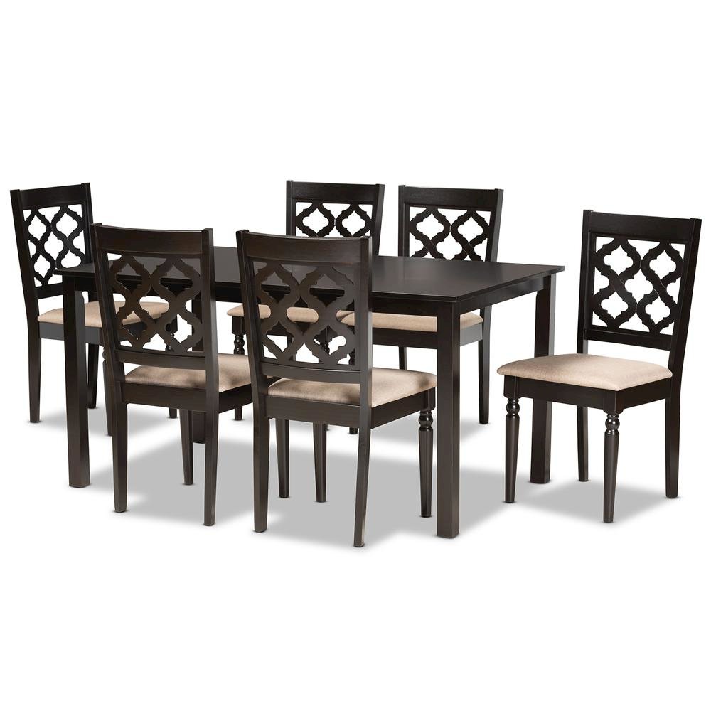Sand Fabric Upholstered and Dark Brown Finished Wood 7-Piece Dining Set