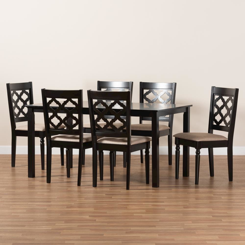 Sand Fabric Upholstered and Dark Brown Finished Wood 7-Piece Dining Set
