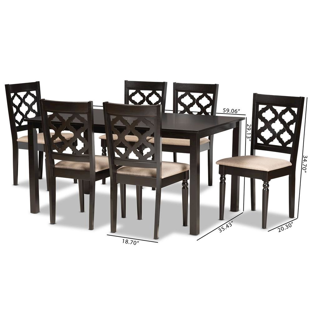 Sand Fabric Upholstered and Dark Brown Finished Wood 7-Piece Dining Set