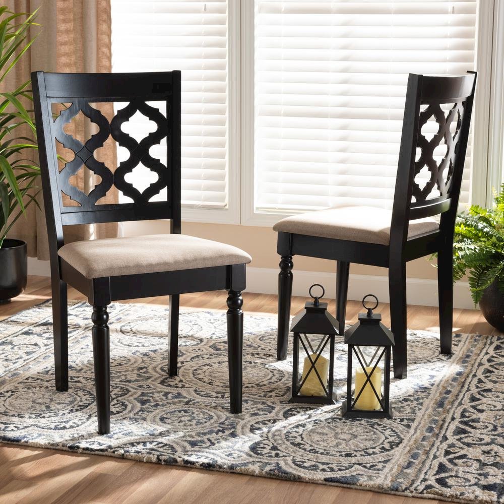 Sand Fabric Upholstered and Dark Brown Finished Wood 2-Piece Dining Chair Set