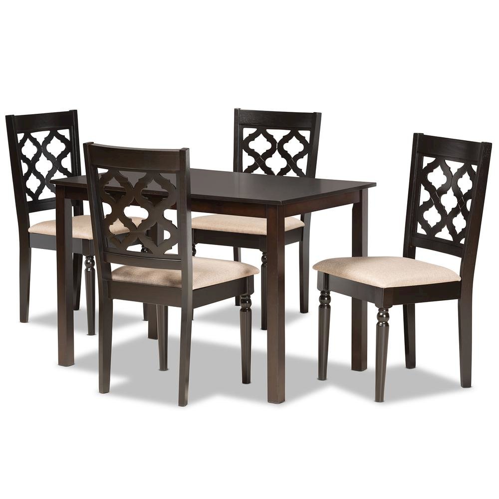 Sand Fabric Upholstered and Dark Brown Finished Wood 5-Piece Dining Set