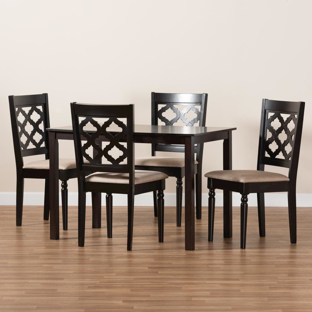 Sand Fabric Upholstered and Dark Brown Finished Wood 5-Piece Dining Set