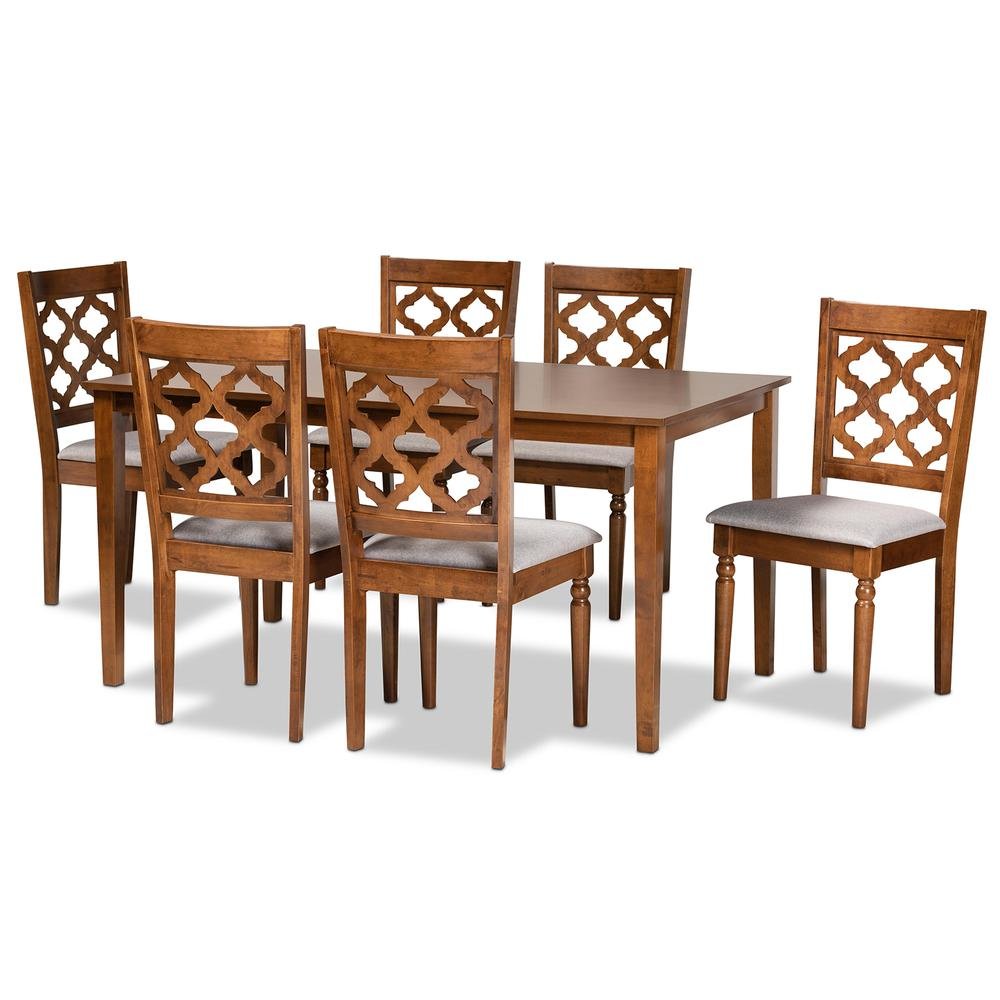 Grey Fabric Upholstered and Walnut Brown Finished Wood 7-Piece Dining Set