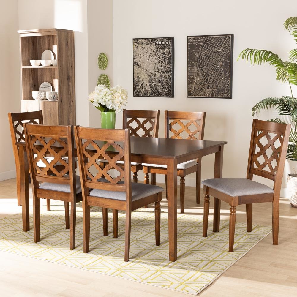 Grey Fabric Upholstered and Walnut Brown Finished Wood 7-Piece Dining Set