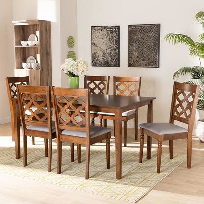 Grey Fabric Upholstered and Walnut Brown Finished Wood 7-Piece Dining Set