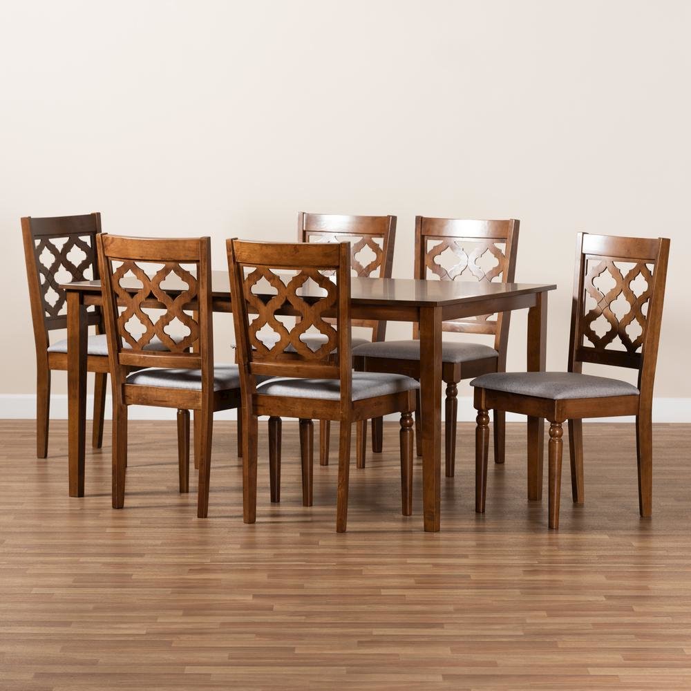 Grey Fabric Upholstered and Walnut Brown Finished Wood 7-Piece Dining Set