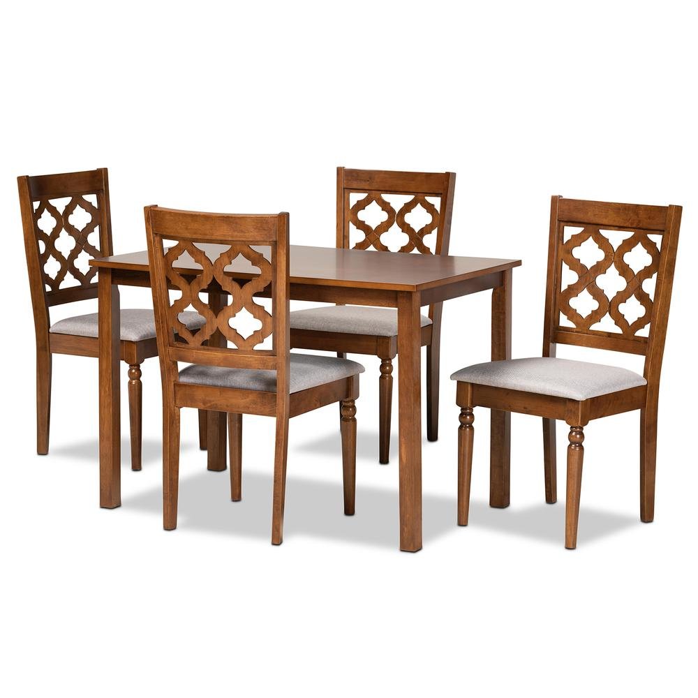 Grey Fabric Upholstered and Walnut Brown Finished Wood 5-Piece Dining Set