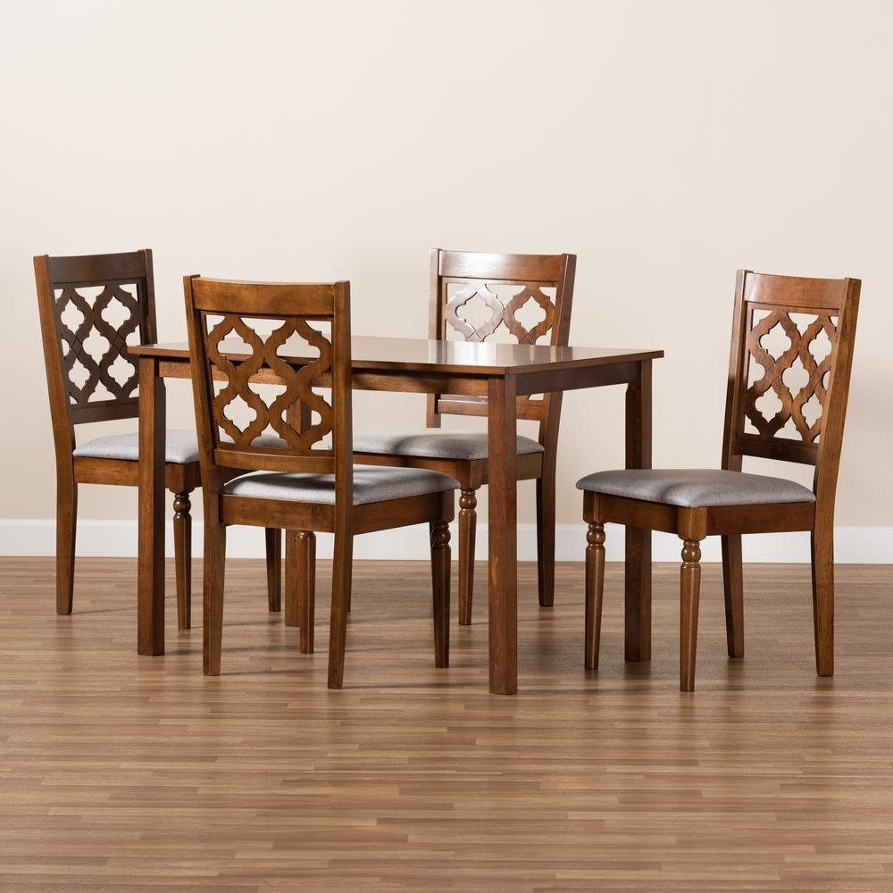 Grey Fabric Upholstered and Walnut Brown Finished Wood 5-Piece Dining Set