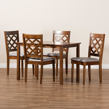 Grey Fabric Upholstered and Walnut Brown Finished Wood 5-Piece Dining Set