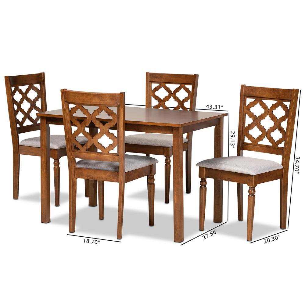 Grey Fabric Upholstered and Walnut Brown Finished Wood 5-Piece Dining Set