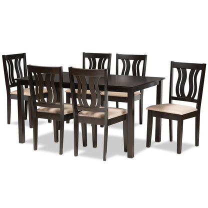 Sand Fabric Upholstered and Dark Brown Finished Wood 7-Piece Dining Set