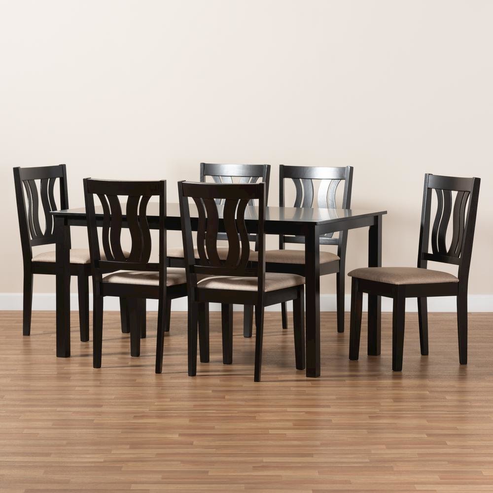 Sand Fabric Upholstered and Dark Brown Finished Wood 7-Piece Dining Set