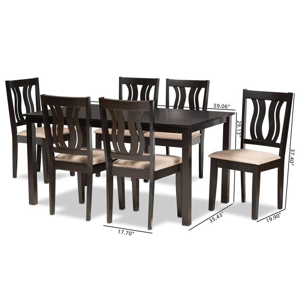 Sand Fabric Upholstered and Dark Brown Finished Wood 7-Piece Dining Set