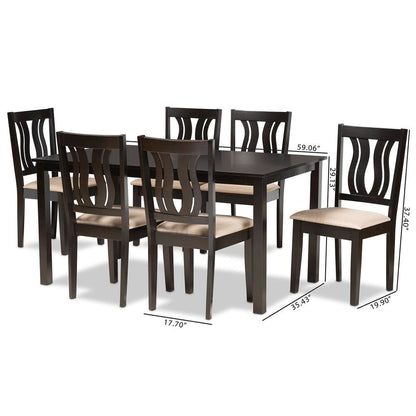 Sand Fabric Upholstered and Dark Brown Finished Wood 7-Piece Dining Set