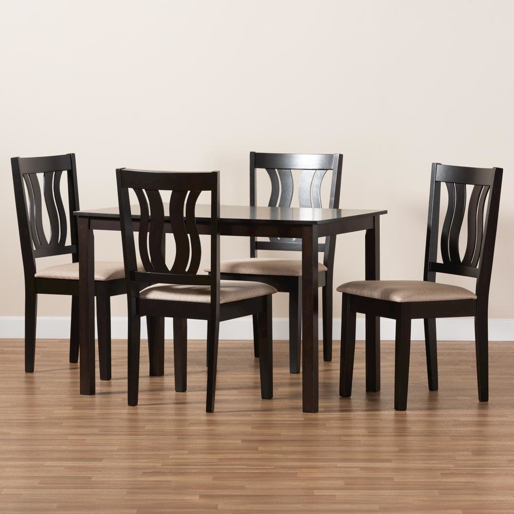 Sand Fabric Upholstered and Dark Brown Finished Wood 5-Piece Dining Set