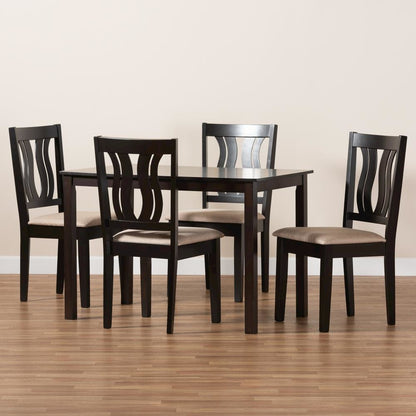 Sand Fabric Upholstered and Dark Brown Finished Wood 5-Piece Dining Set