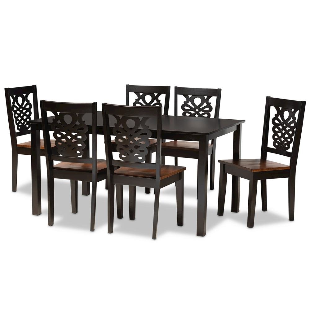 Two-Tone Dark Brown and Walnut Brown Finished Wood 7-Piece Dining Set