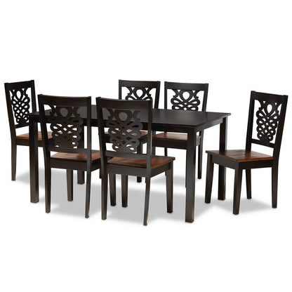 Two-Tone Dark Brown and Walnut Brown Finished Wood 7-Piece Dining Set