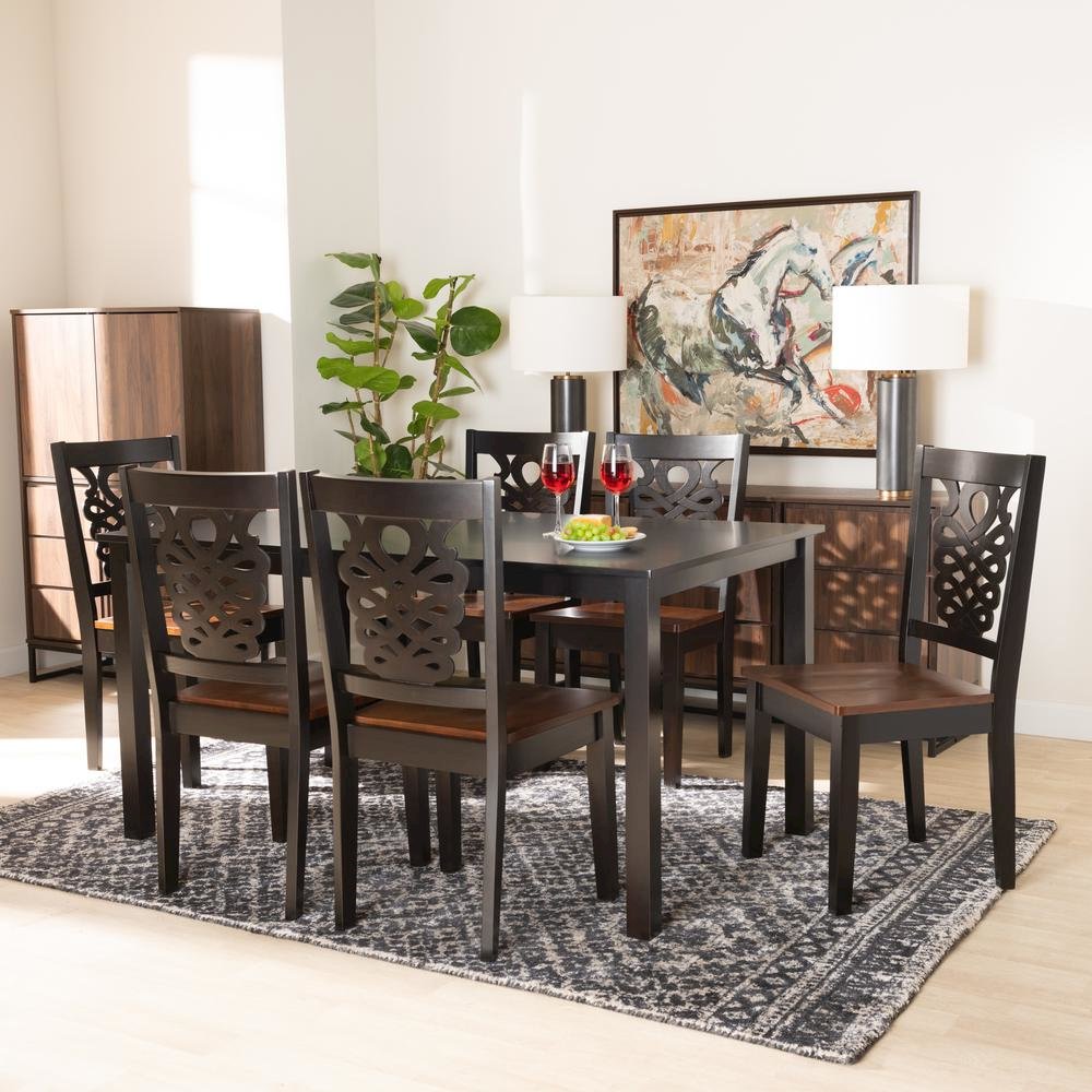 Two-Tone Dark Brown and Walnut Brown Finished Wood 7-Piece Dining Set