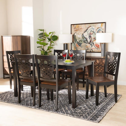 Two-Tone Dark Brown and Walnut Brown Finished Wood 7-Piece Dining Set