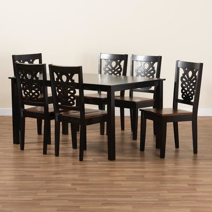 Two-Tone Dark Brown and Walnut Brown Finished Wood 7-Piece Dining Set