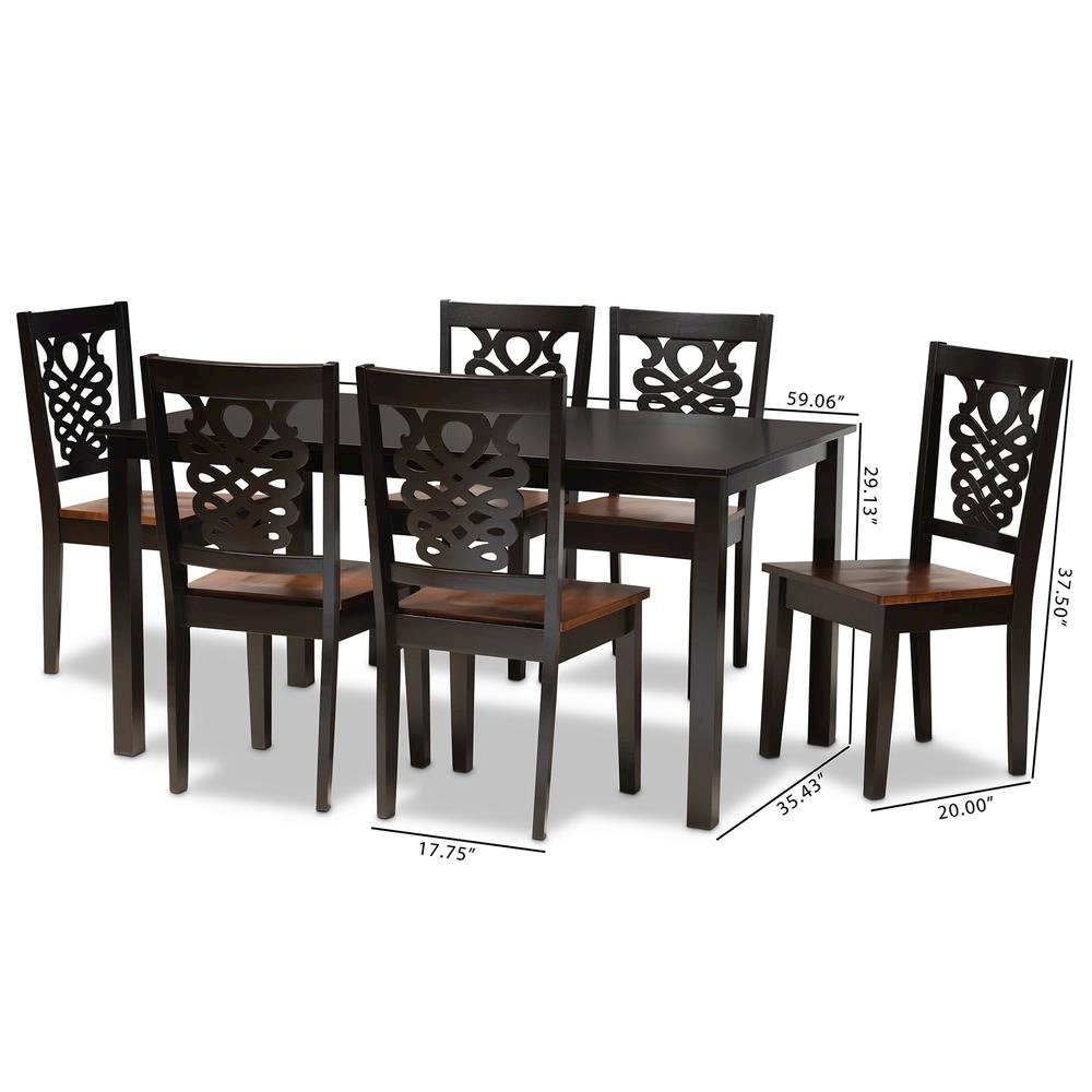 Two-Tone Dark Brown and Walnut Brown Finished Wood 7-Piece Dining Set