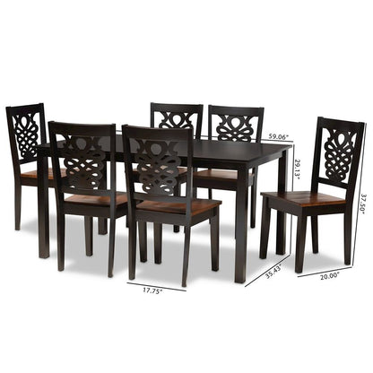 Two-Tone Dark Brown and Walnut Brown Finished Wood 7-Piece Dining Set