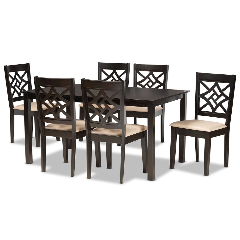 Sand Fabric Upholstered and Dark Brown Finished Wood 7-Piece Dining Set