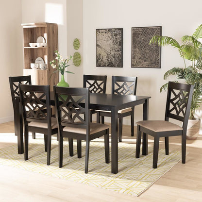 Sand Fabric Upholstered and Dark Brown Finished Wood 7-Piece Dining Set